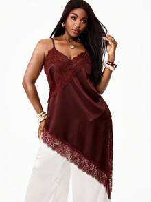 Coolane Débardeur femme grande taille d'été oversize, décontracté, en dentelle, avec ourlet asymétrique, patchwork, couleur unie. Idéal pour la plage et les vacances d'été. - Marron fonçé - Voir 6