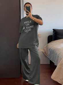 DAZY Letter Print Loose Short Sleeve Top And Pants 2 Pieces Set, Women Summer Casual Outfit - Dark Grey - View 4