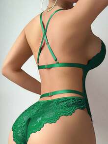 2件套蕾丝性感连体衣（无钢圈/吊袜带）女士 - 墨綠色 - 查看 2