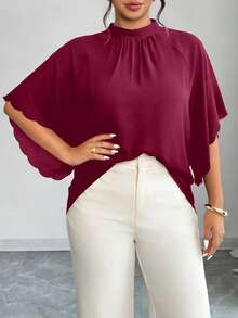 Elenzga Plus Size Women's Round Neck Ruched Sleeve Wavy Hem Loose Blouse, Spring/Summer - Burgundy - View 3