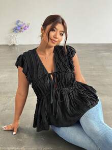 Firerie Plus Size Women's Solid Color Knotted Ruched Casual Elegant Versatile Daily Wear Shirt Date Night Black Summer - Black - View 7