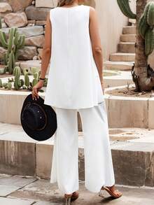 Weeklong Plus Size Solid Color Round Neck Asymmetric Hem Tank Top And Wide Leg Pants 2 Pieces Set - White - View 2
