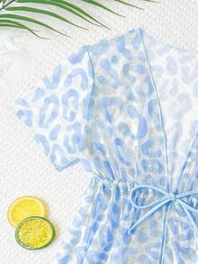 女童（小号）泳衣套装，可爱粉色豹纹三件套泳衣，时尚休闲优雅，适合游泳、度假、夏季穿着 - 藍色 - 查看 4