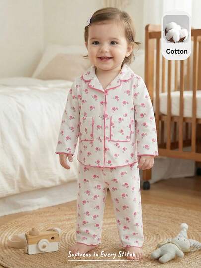 Cozy Pixies Baby Girl Floral Print Lapel Long Sleeve Cardigan And Elastic Waist Pants 2 Pieces Set Girl Cotton Pajama Set Toddler Girl Cotton Pajamas Cotton Pajama Set For Girls Baby Girl Pajama Set Pajama Baby Set Baby Girl Clothes Toddler Girl Pajamas