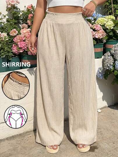 SHEIN EZwear Calça casual de perna larga plissada de cor sólida, versátil, para uso diário, em tamanhos grandes para mulheres