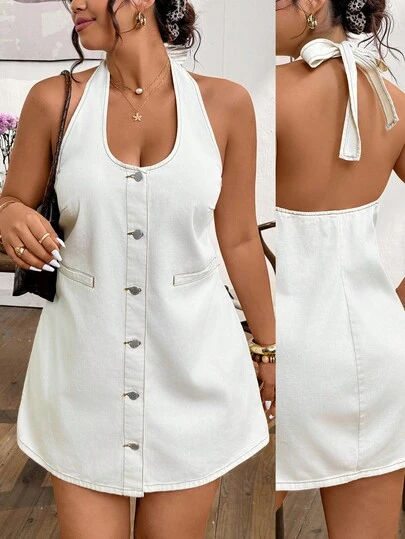 Lounesse Plus Size Women Halter Backless Short Denim Dress Spring/Summer Casual Vacation Going Out Skirt For Women,Summer Outfit For Women,Festival Outfits For Women ,Party,Wedding,Elegant,Casual,Vacation,Business,Women's White Denim Halter Mini Dress, Sleeveless Button Front Tie Back A-Line Dress With Pockets For Summer Vacation & Party Outfits,Women's White Denim Halter Mini Dress, Sleeveless Button Front Tie Back A-Line Dress With Pockets For Summer Vacation & Party Outfits,Elegant White Denim Halter Mini Dress, Sleeveless Button Front Tie Back A-Line Dress With Pockets For Women's Casual & Evening Wear