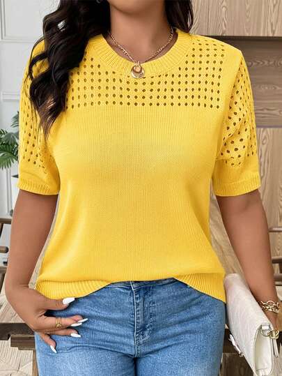 EMERY ROSE Plus Size Casual Hollow Out Round Neck Short Sleeve Blouse