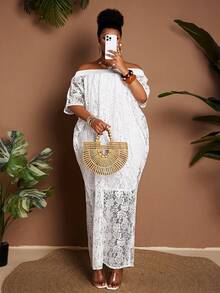 Maweii Plus Size Women's Lace Off-Shoulder Loose Elegant Vacation Party Short Sleeve Dress - White - View 4