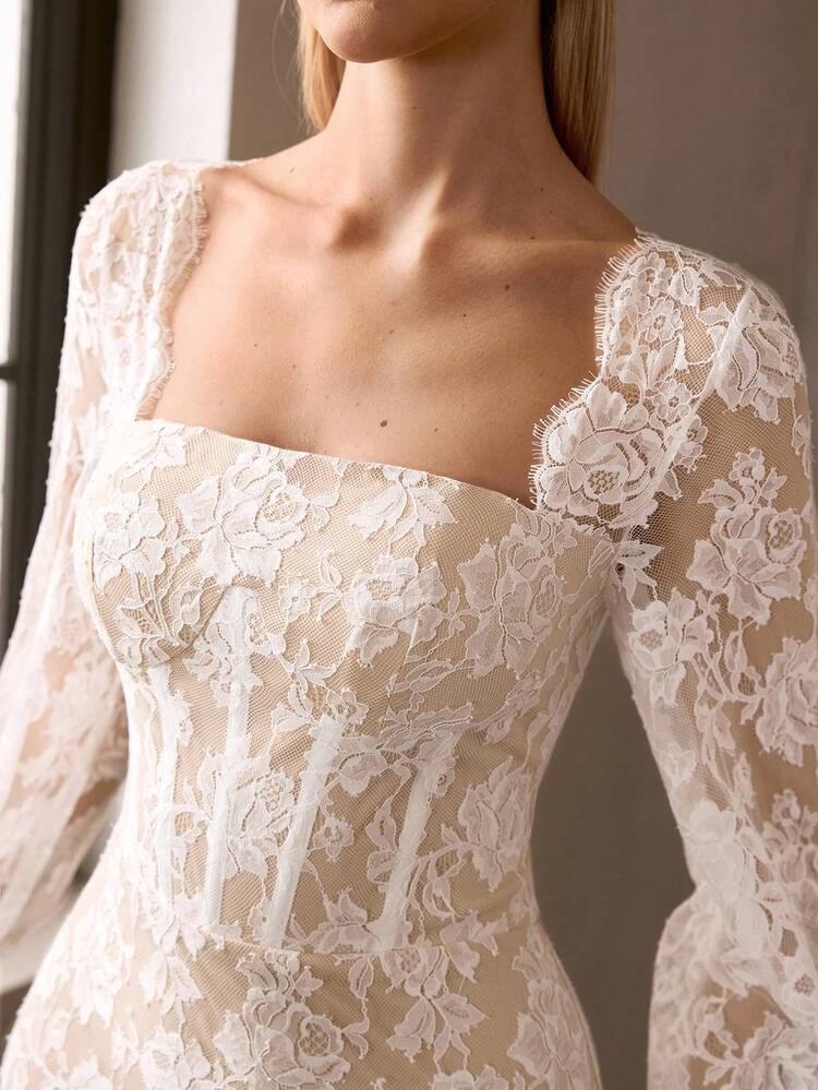 MOTF Soiréza ELEGANT SQUARE NECK LONG SLEEVE MAXI LACE PARTY GOWN – FLORAL LACE FABRIC WITH SEAM DETAILING, FORM-FITTING SILHOUETTE WITH MERMAID DRESS & PUFF SLEEVE TRIM | IDEAL FOR FOMAL PARTIES, GALAS, NEW YEAR'S EVE & FORMAL EVENTS