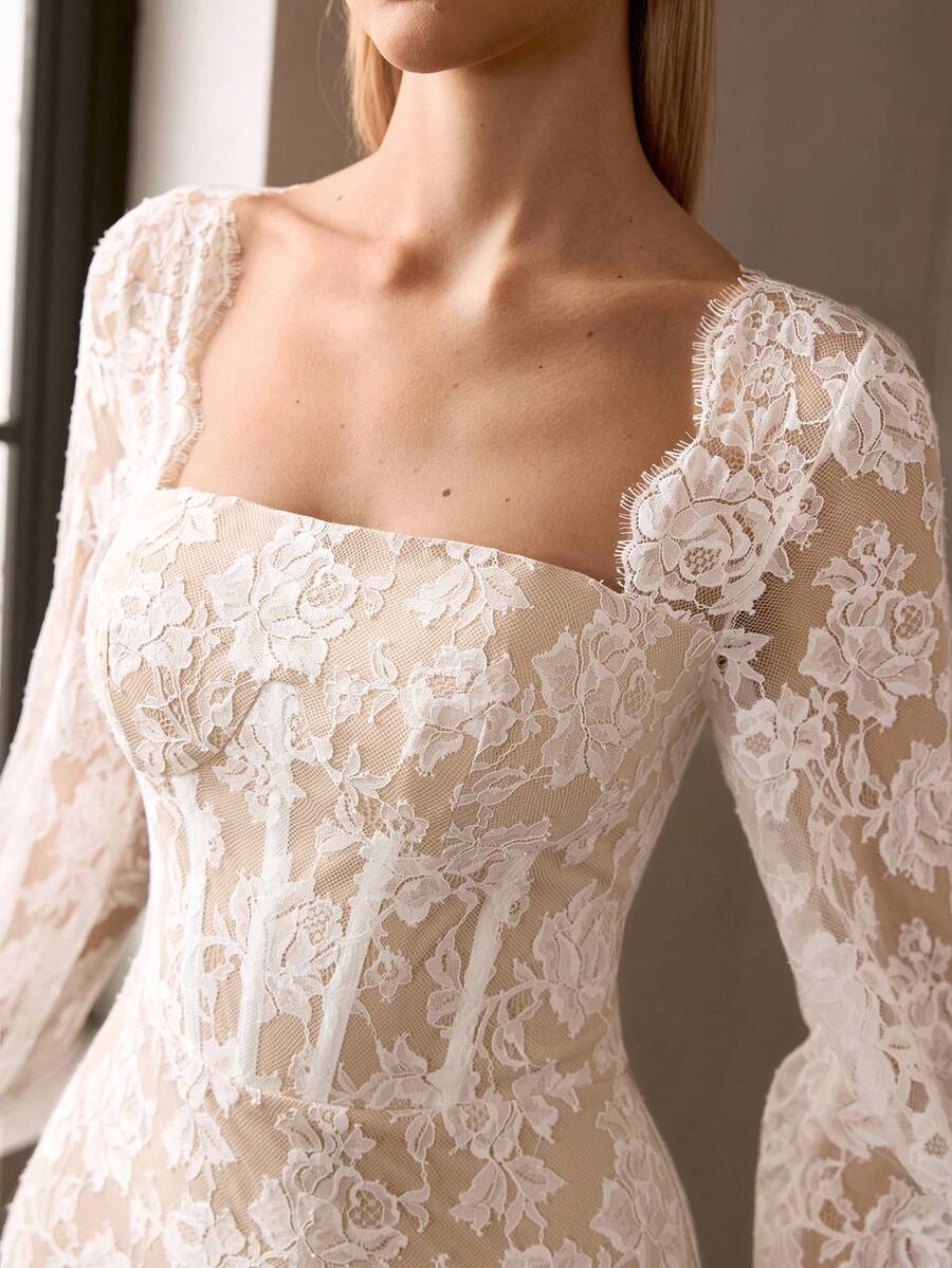 MOTF Soiréza ELEGANT SQUARE NECK LONG SLEEVE MAXI LACE PARTY GOWN – FLORAL LACE FABRIC WITH SEAM DETAILING, FORM-FITTING SILHOUETTE WITH MERMAID DRESS & PUFF SLEEVE TRIM | IDEAL FOR FOMAL PARTIES, GALAS, NEW YEAR'S EVE & FORMAL EVENTS - White - View 2