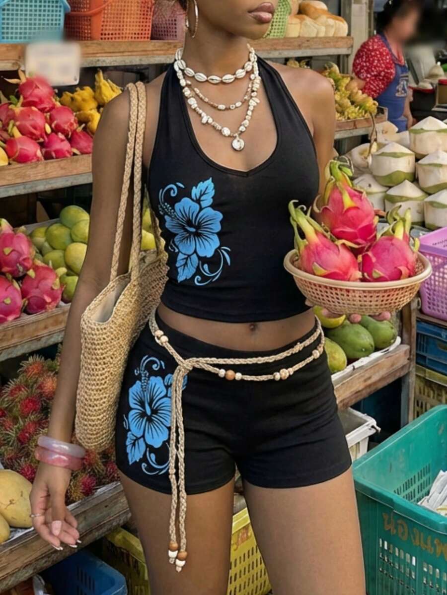 SHEIN DivaQ Women's Fashion Vacation Style Knit Printed 2 Pieces Set - Black - View 1