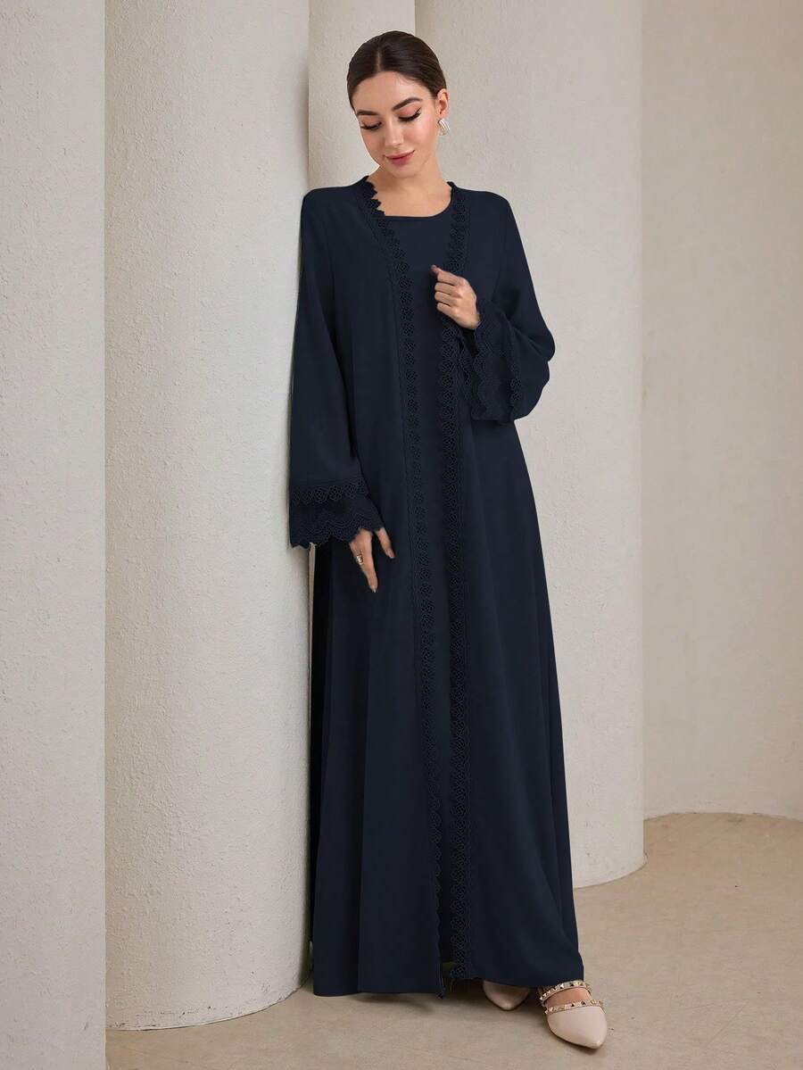 Graceveil 两件套女士传统长裙和阿巴雅外套套装，款式端庄 - 藏蓝色 - 查看 1