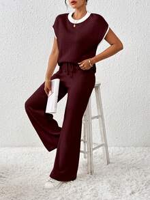 EMERY ROSE Women's Contrast Color Loose Casual Drawstring Knit 2 Pieces Set - Burgundy - View 4