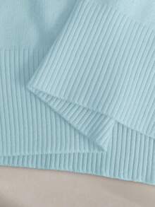 2026 Nuevo Blusa de punto ajustada de unicolor con cuello vuelto, manga corta raglán para mujer, primavera/verano - Azul - Ver 6