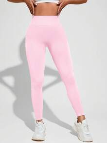 Quần legging thể thao nữ màu trơn, cạp cao, co giãn. - Hồng - Xem 5