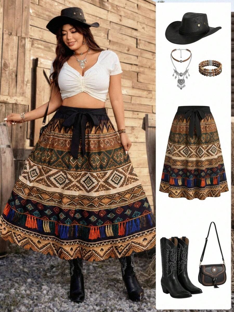 Ceyna 大码女式休闲优雅印花宽松半身裙 - 彩色 - 查看 1