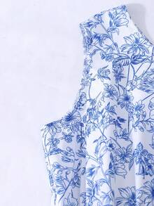 SHEIN 女童度假风碎花露背蝴蝶结无袖迷你连衣裙，儿童波西米亚风服装，女童法式吊带碎花假日连衣裙，碎花休闲系带短裙，宽松碎花，适合春夏穿着 - 水鴨藍 - 查看 3