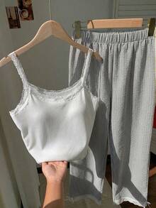 Comfortcana 大码休闲条纹蕾丝吊带背心两件套 - 黑與白 - 查看 5