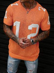 Manfinity LEGND Men's Casual Numeric Pattern Round Neck Knit Short Sleeve Top, Versatile For Daily Wear T Shirt For Men Brand Orange Shirt Number Shirt Jersey Mens Jersey American Football Jersey Mens Football Jersey Miami Jersey Y2k Shirt Zahide T Shirt Work Shirt Tshirt For Men Clothing - Orange - View 3