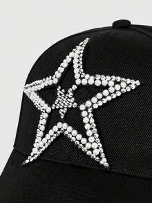 1 Gorra de béisbol con estampado de estrella y diamantes, sombrero de color negro sólido estilo Y2K, hebilla ajustable en la parte posterior, artículo de moda personalizado para uso diario - Blanco y Negro - Ver 5