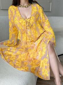 Vibekara Conjunto de 2 piezas de cárdigan y vestido de tirantes minimalista de gasa floral para verano, de corte slim, rejuvenecedor para vacaciones en la playa - Amarillo - Ver 4