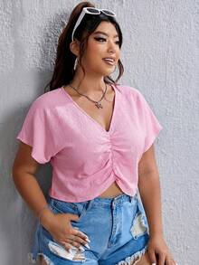 SHEIN EZwear Áo sơ mi tay cánh dơi màu hồng nhạt xếp ly phía trước, cỡ lớn, thích hợp cho kỳ nghỉ hè. - Màu Hồng baby - Xem 3