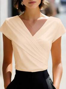 Balvessa Women's Solid Color Elegant V-Neck Criss-Cross T-Shirt - Apricot - View 6