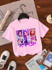 年轻女孩休闲舒适时尚简约百搭创意可爱3D卡通韩流女团偶像字母印花短袖T恤，适合夏季外出穿着 - 粉色 - 查看 3
