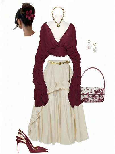 Cévolie Women Fall Summer Sexy Draped Chiffon Blouse Elegant V-Neck Puff Long Sleeve Crop Top Slim Party Shirts Female Blouses Women's Casual Minimalist Fashion Blouse, Everyday Wear