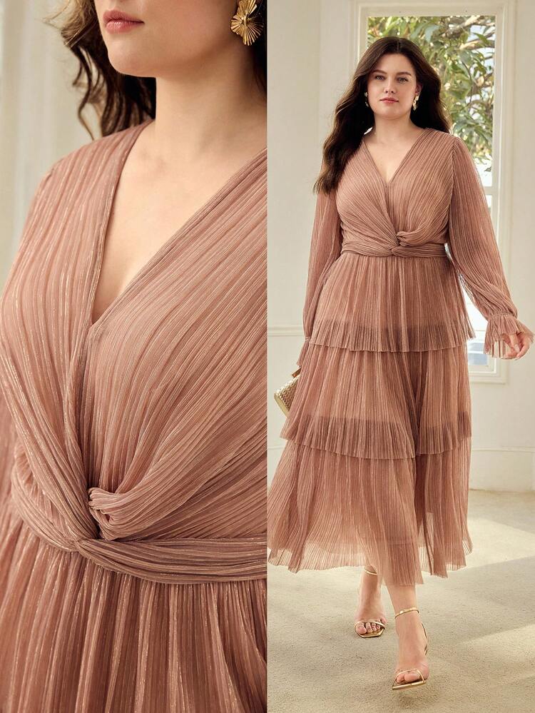 PLUS SIZE WOMEN'S LAYERED A-LINE PLEATED MIDI DRESS, SPRING/SUMMER