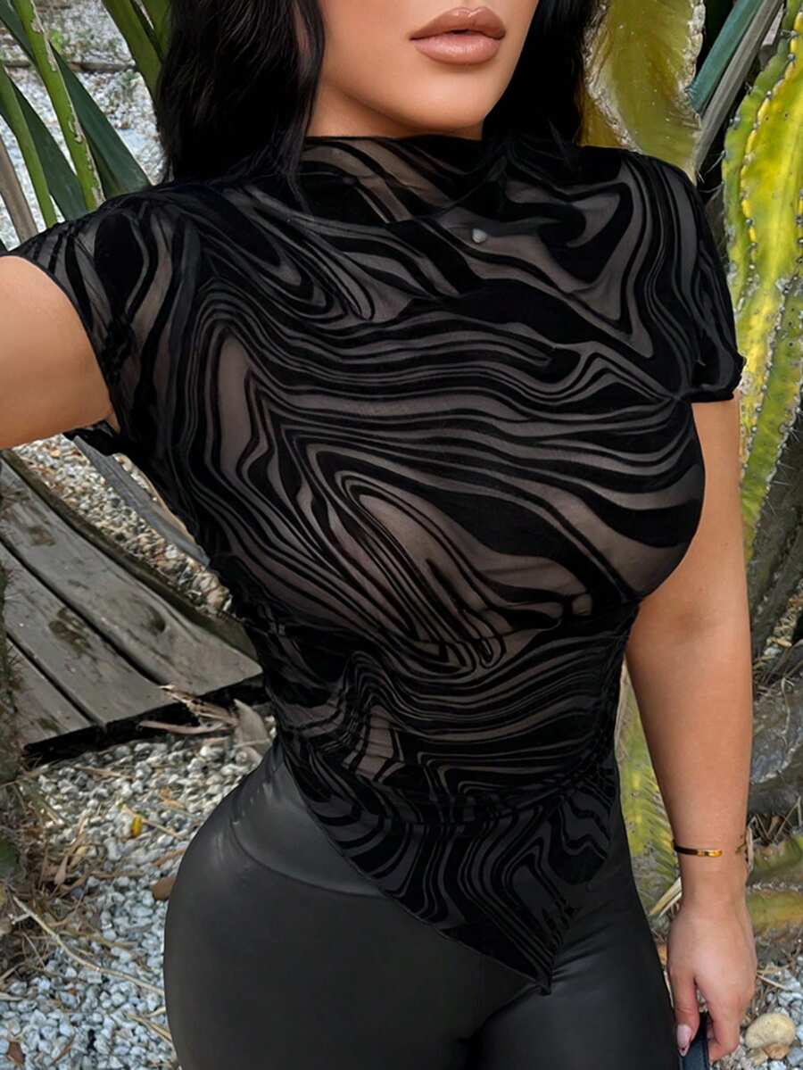 SHEIN SXY 黑色网纱透视印花短袖上衣 - 黑色 - 查看 1
