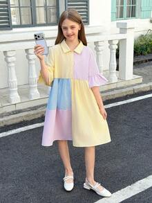 SHEIN Tween-Mädchen Kleid mit unregelmäßigem asymmetrischem Farbblock, Rüschenkragen, locker geschnittener A-Linie, Kurzarm, Chiffon, Sommerkleid, Lässig, Alltag, Sommer Dopamin, Y2K - Verschiedenfarbig - Übersicht 4