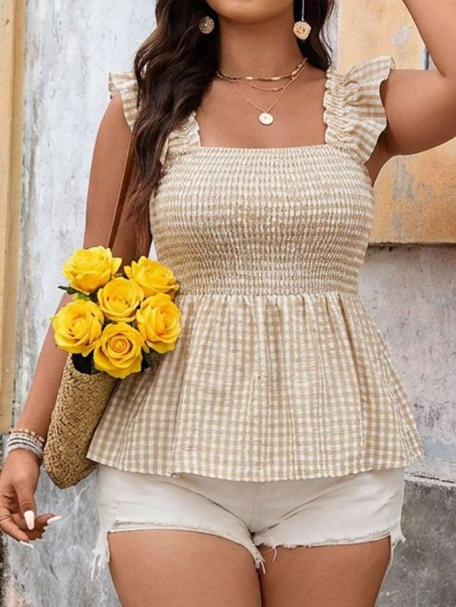 SHEIN VCAY 大码夏季休闲格子荷叶边衬衫 - 卡其色 - 查看 1