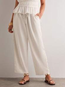 Freevana Plus Size Casual Versatile Solid Color Lace Patchwork Pants Holiday Outfits Country Playa Beach Outfits White Boho Style Hippie Going Out Summer - Apricot - View 5