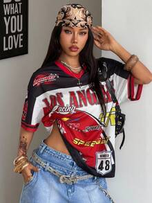 Coolane 女士夏季节日复古街头运动服号码印花超大棒球衫T恤 - 紅色 - 查看 3