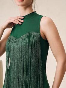 Anewsta Blusa sin mangas de verano para mujer, diseño de lujo retro francés con cuello alto de satén, diseño con flecos, elegante chaleco verde, adecuado para citas, fiestas y uso diario - Verde - Ver 2