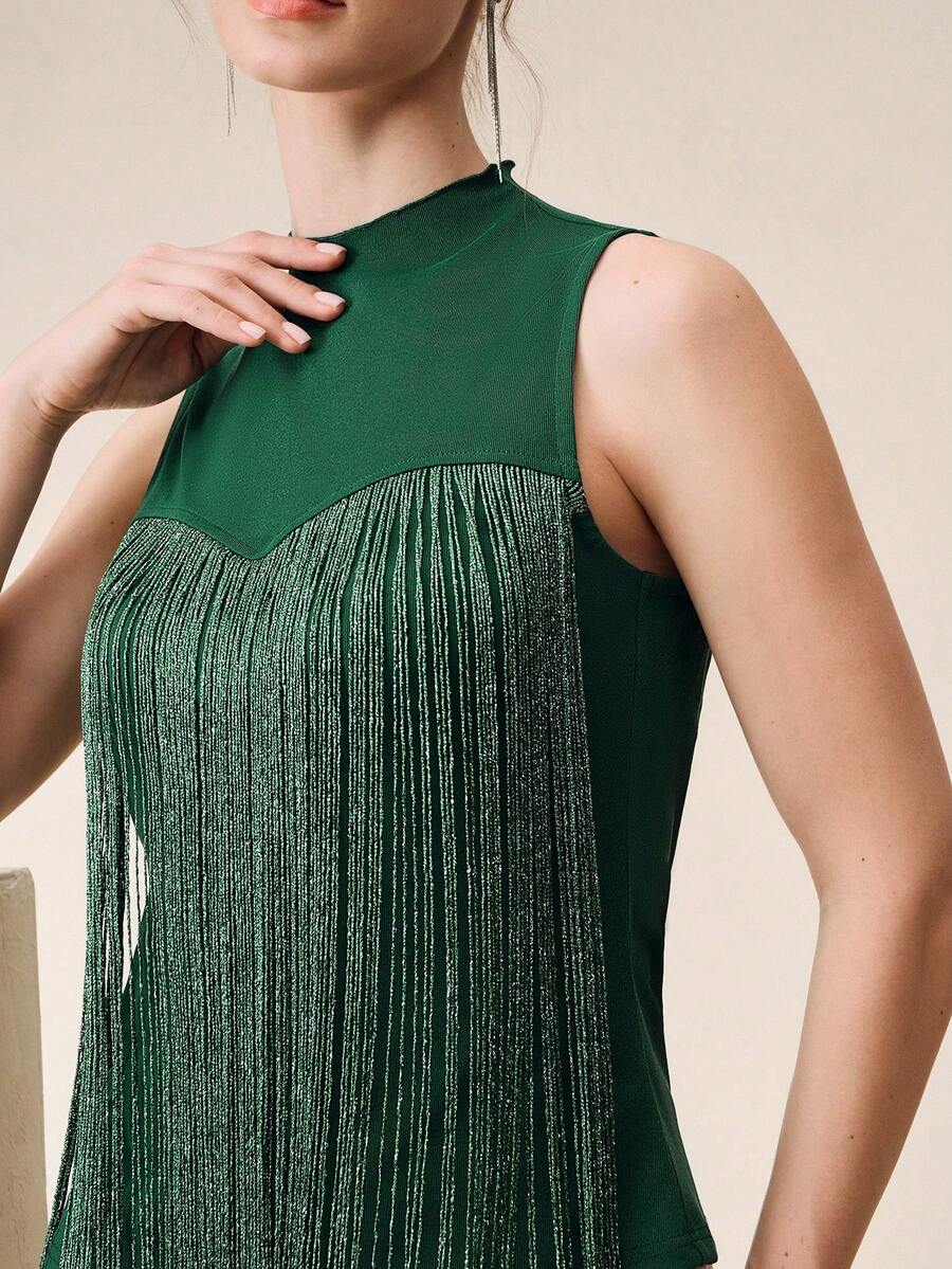 Anewsta Blusa sin mangas de verano para mujer, diseño de lujo retro francés con cuello alto de satén, diseño con flecos, elegante chaleco verde, adecuado para citas, fiestas y uso diario