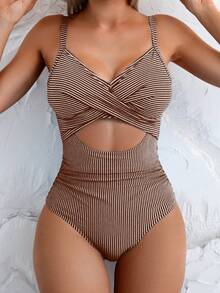 SHEIN Swim Women's Sexy One-Piece Striped Hollow Front Lace-Up Back Swimsuit, Summer - Multicolor - View 4