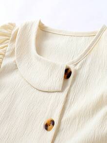 2pcs Set Blouse Top & Pants, Collar Ruffle Cap Sleeve Top And Versatile Casual Pants, Spring/Summer Fabric, Multi-Occasion Wear - Apricot - View 5