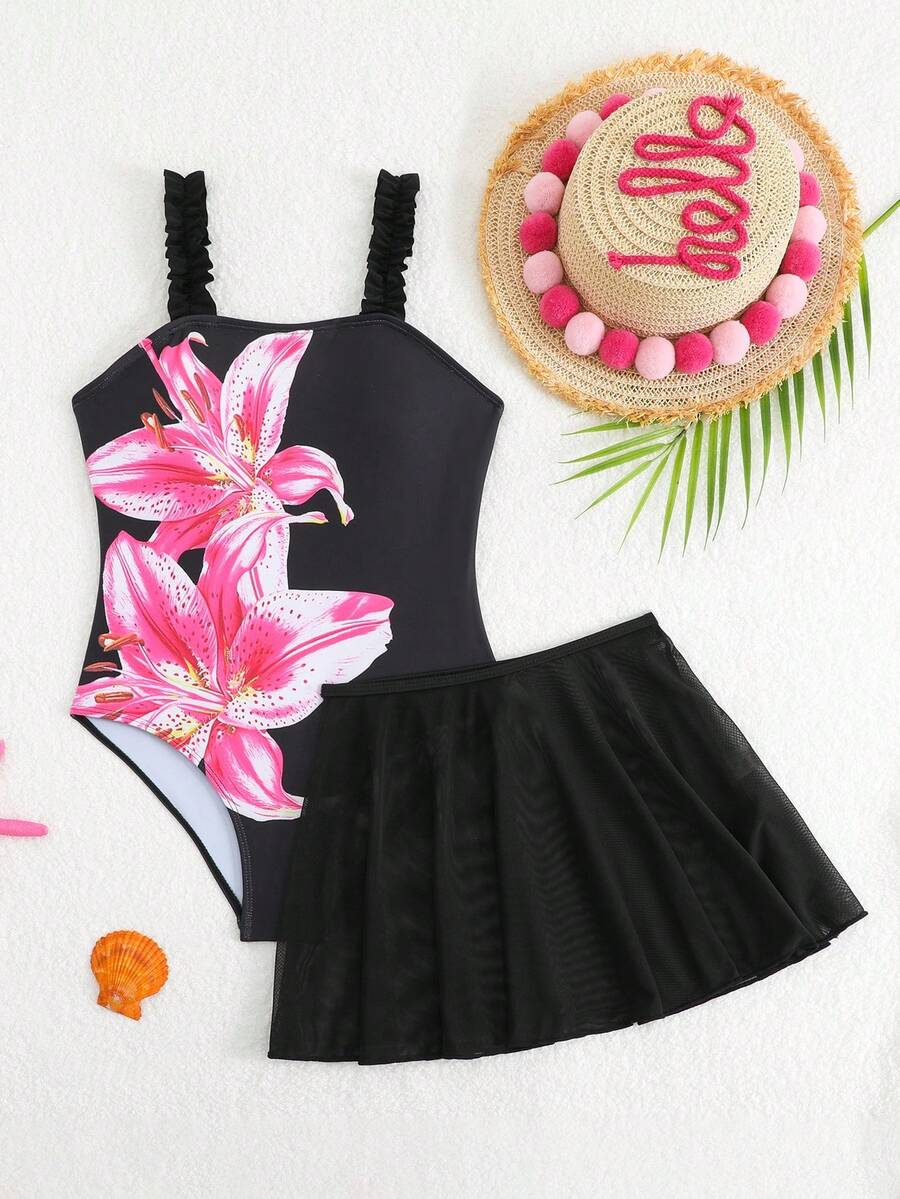 SHEIN 花卉印花 2 件式泳衣附網紗裙,粉色波希米亞風海灘度假夏季穿搭,青少年女孩連身泳衣附裙 - 黑色 - 查看 1