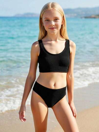 SHEIN Tween Girls Bikini Sets, Knitted Wavy Fabric, Elegant & Modest European & American Fashion, Suitable For Vacation, Swimming, Summer, Beach High Waist Swimwear Set Modest Bikini Set Black Bathing Suits For Girls Two Pieces Swimwears For 14 Year Old Black Two Pieces 2 Pieces Swim Textured Black Bathing Suits Two Pieces Textured 2 Pieces Swim Swimwears High Waist Swimsuit Set Swimsuits For 14 Year Old Black Two Piece