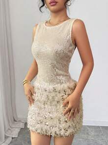 Rafferiza Đầm đỏ rượu vang đính sequin thanh lịch, thường ngày dành cho nữ, thích hợp cho dịp lễ Giáng sinh. - Màu be - Xem 3