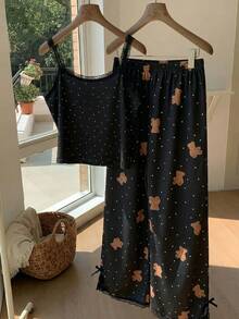 Comfortcana Bộ đồ thường ngày dành cho nữ cỡ lớn, họa tiết chấm bi hoạt hình, áo và quần ren. - màu đen - Xem 2