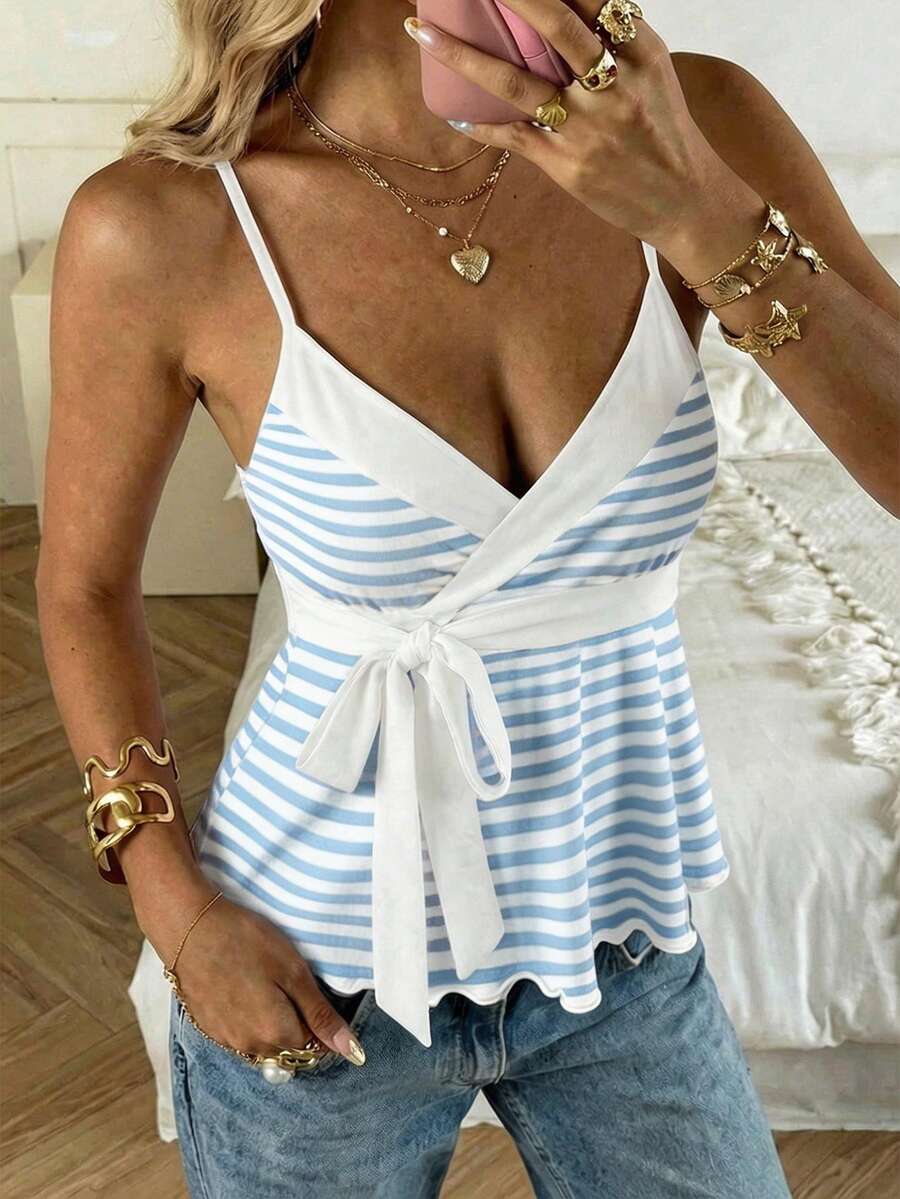 CovetEZ 女士条纹打结腰部休闲吊带背心 - 藍白色 - 查看 1