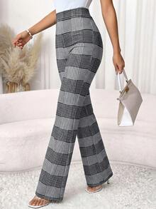 SHEIN Clasi Women's Casual Commuter High Waist Plaid Flare Pants, Autumn  Black, White, And Gray Plaid Stretch Slim-Fit Trousers, Leggings, Yoga Pants, Classic Slim-Fit Trousers For Commuting And Going Out, Made Of High-Elastic Fabric, High-Waisted, Tummy-Control, Basic Slim-Fit - Grey - View 4