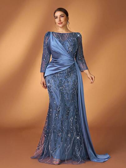 Serin 大码优雅浪漫朦胧蓝圆领短袖奢华亮片装饰弹力针织褶皱鱼尾连衣裙，适合婚礼、派对、庆典、正式晚宴、新娘母亲礼服