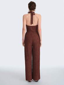 Aalyst Women's Fashion Knitted Halter V-Neck Metal Buckle Criss-Cross Tie Waist Slim Fit Jumpsuit, Elegant Casual Vacation Party Commute Outfit - Brown - View 3