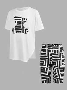 少女日常休闲圆领小熊印花T恤和印花打底裤套装 - 黑與白 - 查看 6