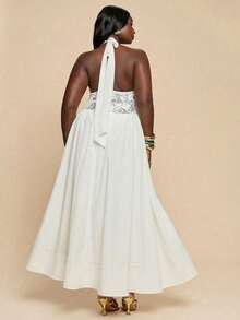 SHEIN BAE 大码女式吊带系带连衣裙，宽松飘逸度假连衣裙 - 白色 - 查看 2