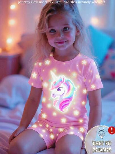 Set de 2 piezas de pijama para niñas pequeñas con cuello redondo y mangas cortas, estampado de unicornio y estrella, tela de punto elástica, cómoda y suave que brilla en la oscuridad